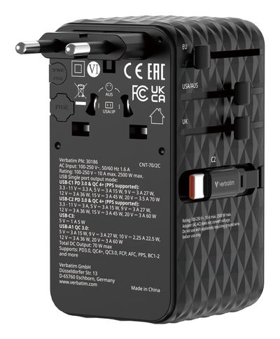 Verbatim Charge 'n' Travel 70W 2C retractable Universal Travel Adapter Black - Thumbnail 2