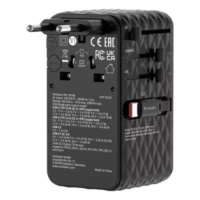 Verbatim Charge 'n' Travel 70W 2C retractable Universal Travel Adapter Black