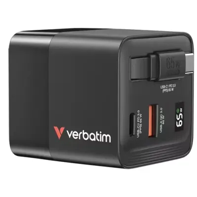 Verbatim GaN Charger 65W 2 Port retractable cable display US plugs with EU and UK adaptors - Thumbnail 2
