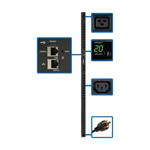 Tripp Lite PDUMV20HVNETLX 3.7kW Single-Phase Switched PDU - LX Interface 208/230V Outlets (20 C13 & 4 C19) C20/L6-20P 0U TAA Switched 0U Single-phase Vertical Black LCD - Image 1