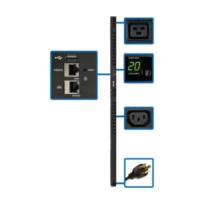 Tripp Lite PDUMV20HVNETLX 3.7kW Single-Phase Switched PDU - LX Interface 208/230V Outlets (20 C13 & 4 C19) C20/L6-20P 0U TAA Switched 0U Single-phase Vertical Black LCD