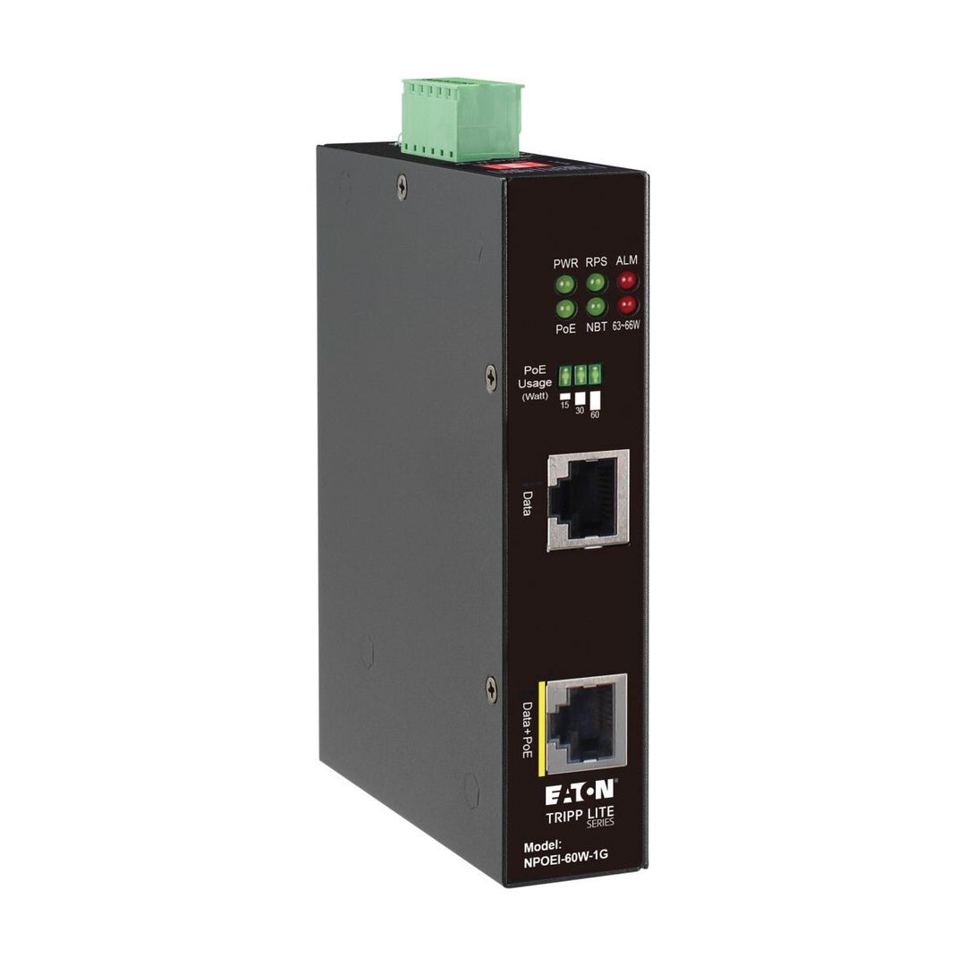 Tripp Lite NPOEI-60W-1G Industrial Gigabit Ethernet PoE injector, 60W PoE++, 802.3bt, Midspan, -40℃ to +75℃, IP30 housing, Dual 24-57VDC , DIN rail, 1 Port - Image 1