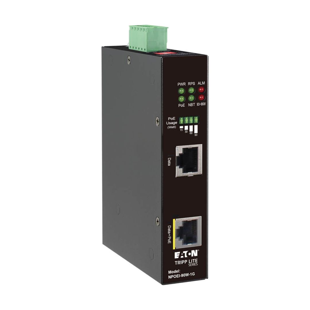 Tripp Lite NPOEI-90W-1G Industrial Gigabit Ethernet PoE injector, 90W PoE++, 802.3bt, Midspan, -40℃ to +75℃, IP30 housing, Dual 24-57VDC , DIN rail, 1 Port - Image 1
