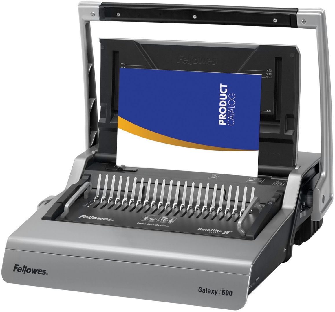 Fellowes Galaxy 500 Comb Binder. Product type: Comb binding machine Method of control: Manual Binding capacity: 300 sheets. Width: 526 mm Depth: 446 mm Height: 152 mm. Country of origin: China - Image 1