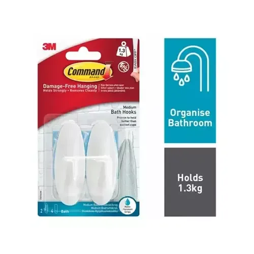 3M Command Medium Bath Oval Hooks With Command Adhesive Strips White (Pack 2) - 7100119054 - Image 1