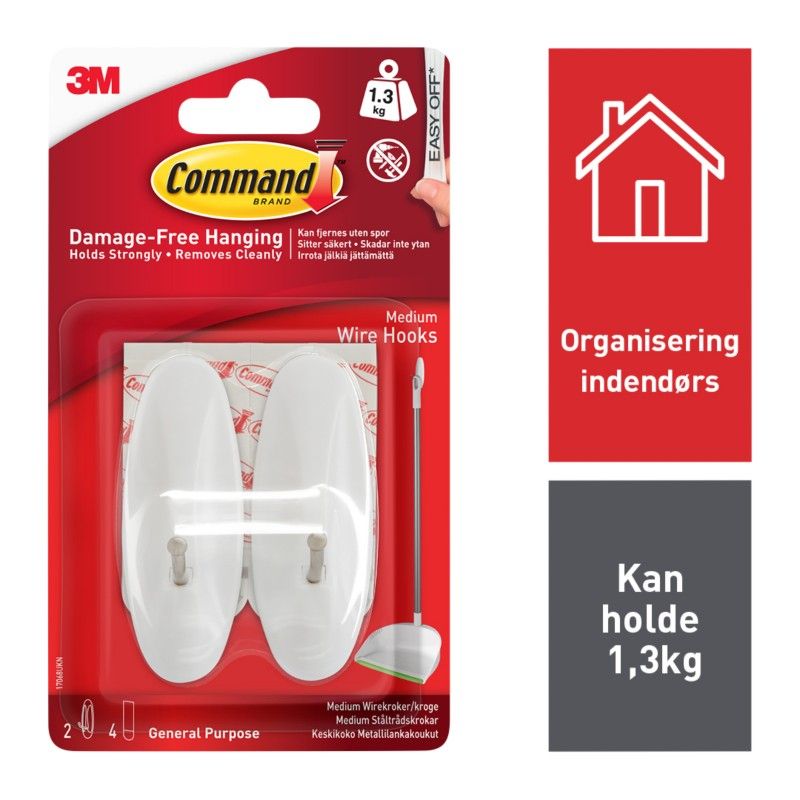 3M Command Medium Wire Hooks With Command Adhesive Strips White (Pack 2) - 7100117613 - Image 1