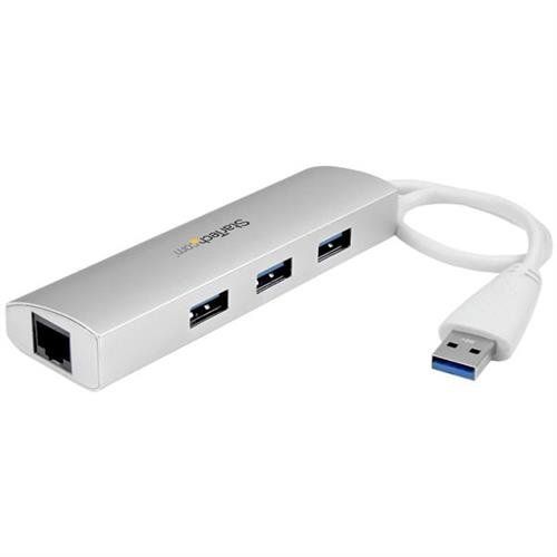 StarTech.com 3-Port USB Hub with Ethernet USB-A Ports Gigabit Ethernet/GbE USB 5Gbps Rugged Design Bus-Powered Portable Laptop USB 3.0 Hub Wired USB Ethernet 5000 Mbit/s Silver White - Image 1