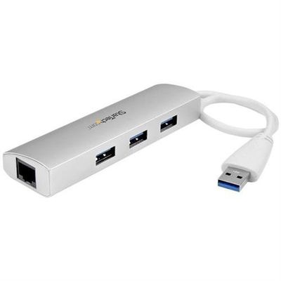 StarTech.com 3-Port USB Hub with Ethernet USB-A Ports Gigabit Ethernet/GbE USB 5Gbps Rugged Design Bus-Powered Portable Laptop USB 3.0 Hub Wired USB Ethernet 5000 Mbit/s Silver White