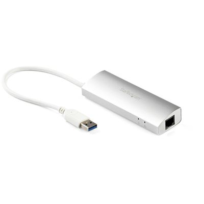 StarTech.com 3-Port USB Hub with Ethernet USB-A Ports Gigabit Ethernet/GbE USB 5Gbps Rugged Design Bus-Powered Portable Laptop USB 3.0 Hub Wired USB Ethernet 5000 Mbit/s Silver White - Thumbnail 2
