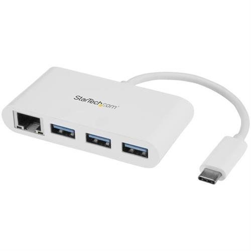 StarTech.com 3-Port USB-C Hub with Gigabit Ethernet - USB-C to 3x USB-A - USB 3.0 Hub - 5Gbps - White - Image 1
