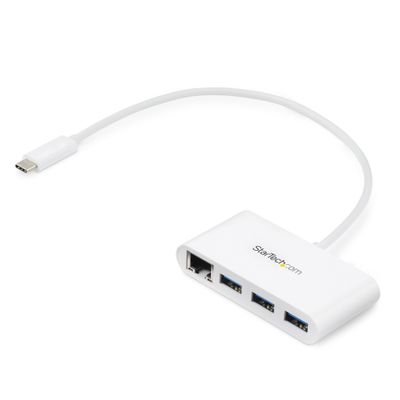 StarTech.com 3-Port USB-C Hub with Gigabit Ethernet - USB-C to 3x USB-A - USB 3.0 Hub - 5Gbps - White - Thumbnail 2