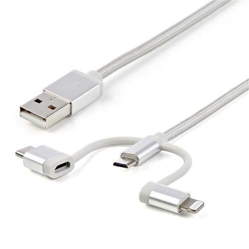 StarTech.com 1 m (3 ft.) USB Multi Charging Cable - USB to Micro-USB or USB-C or Lightning for iPhone / iPad / iPod / Android - Apple MFi Certified - 3 in 1 USB Charger - Braided - Image 1
