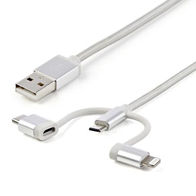 StarTech.com 1 m (3 ft.) USB Multi Charging Cable - USB to Micro-USB or USB-C or Lightning for iPhone / iPad / iPod / Android - Apple MFi Certified - 3 in 1 USB Charger - Braided - Thumbnail 2