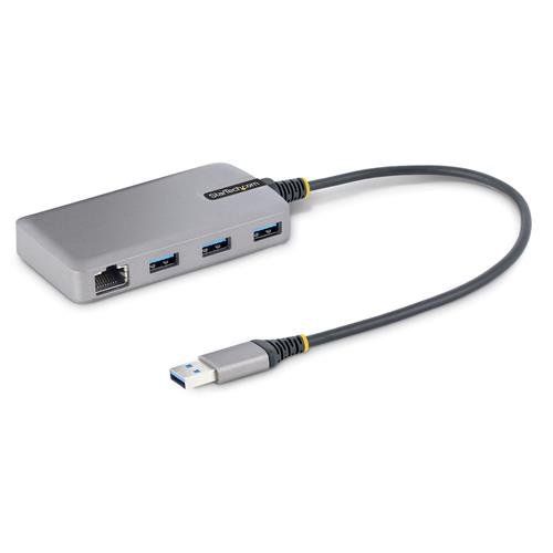 StarTech.com 3-Port USB Hub with Ethernet - 3x USB-A Ports - Gigabit Ethernet (RJ-45) - USB 3.0 5Gbps - Bus-Powered - 1ft/30cm Long Cable - Portable Laptop USB Hub Adapter w/ GbE - Image 1