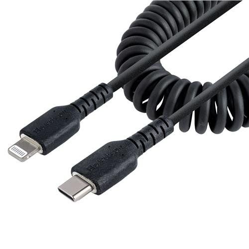 StarTech.com 1m (3ft) USB C to Lightning Cable MFi Certified Coiled iPhone Charger Cable Black Durable TPE Jacket Aramid Fiber Heavy Duty Coil Lightning Cable - Image 1