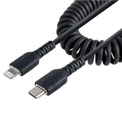 StarTech.com 1m (3ft) USB C to Lightning Cable MFi Certified Coiled iPhone Charger Cable Black Durable TPE Jacket Aramid Fiber Heavy Duty Coil Lightning Cable