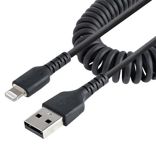 StarTech.com 50cm (20in) USB to Lightning Cable MFi Certified Coiled iPhone Charger Cable Black Durable TPE Jacket Aramid Fiber Heavy Duty Coil Lightning Cable - Image 1