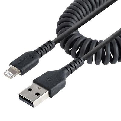 StarTech.com 50cm (20in) USB to Lightning Cable MFi Certified Coiled iPhone Charger Cable Black Durable TPE Jacket Aramid Fiber Heavy Duty Coil Lightning Cable
