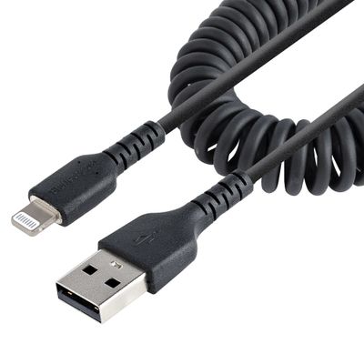 StarTech.com 50cm (20in) USB to Lightning Cable MFi Certified Coiled iPhone Charger Cable Black Durable TPE Jacket Aramid Fiber Heavy Duty Coil Lightning Cable - Thumbnail 2