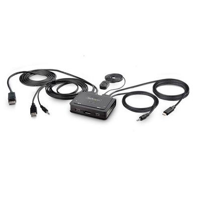 StarTech.com 2-Port Hybrid USB-C DisplayPort Cable KVM Switch 4K 60Hz Compact KVM with 6ft/1.8m USB-A/DisplayPort/Audio &amp; 4ft/1.2m USB-C Integrated Host Cables Bus Powered - Remote Push Button/Hotkey Switching