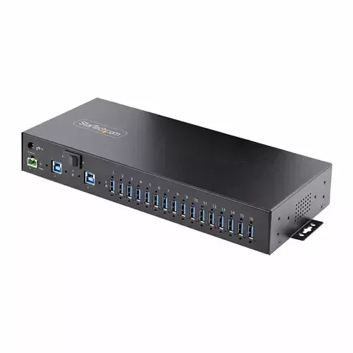 StarTech.com 16-Port Industrial USB 5Gbps Hub with Power Adapter Metal Enclosure Mountable ESD Protection Terminal Block Power USB Charging Dual-Host Switch - TAA - Image 1