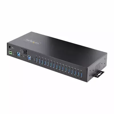 StarTech.com 16-Port Industrial USB 5Gbps Hub with Power Adapter Metal Enclosure Mountable ESD Protection Terminal Block Power USB Charging Dual-Host Switch - TAA