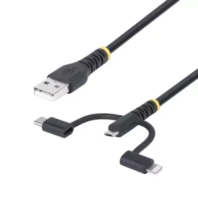 StarTech.com 3.3ft (1m) Rugged USB Multi Charging Cable USB to Lightning/Micro-USB/Type-C Apple MFi Certified Aramid Jacket Universal 3-in-1 USB Charger Cord for iPhone/iPad/Android
