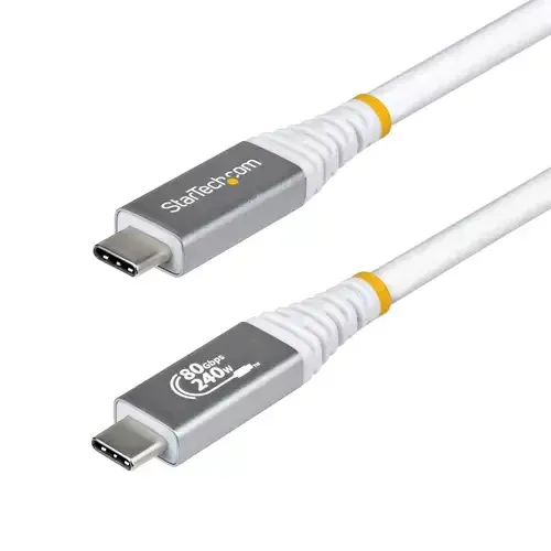 StarTech.com 1.5m (5ft) USB4 Cable 80Gbps USB-IF Certified USB-C Cable 240W PD 8K 120Hz/4K 240Hz DP2.1 DP80 TPE Jacket Thunderbolt 4 Compatible - White USB-C Cord - Image 1