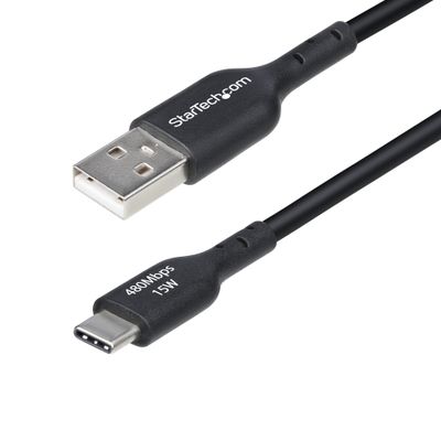 StarTech.com 6in (15cm) USB-A to USB-C Charging Cable Charge &amp; Sync 3A USB 2.0 TPE Jacket - Black USB Charging Cord - Thumbnail 2