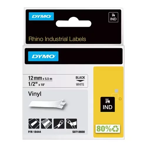 DYMO Rhino Industrial Vinyl Labels | 12 mm x 5.5 m | Black Print on White | Self-Adhesive | for Rhino & LabelManager Label Makers - Image 1