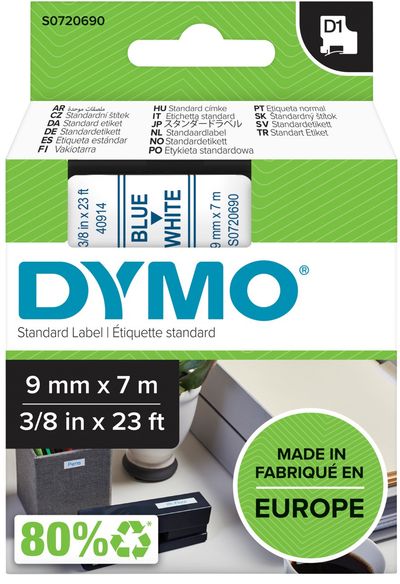 DYMO Authentic D1 Labels | Blue Print on White Tape | 9 mm x 7 m | Self-Adhesive Labels for LabelManager Label Makers | Made in Europe