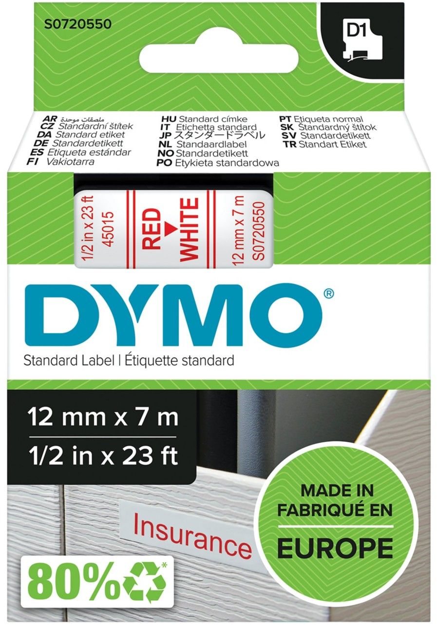 DYMO Authentic D1 Labels | Red Print on White Tape | 12 mm x 7 m | Self-Adhesive Labels for LabelManager Label Makers | Made in Europe - Image 1