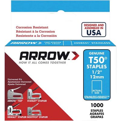 Arrow A508SS1 T50 Staples Stainless Steel 508Ss 12Mm (1/2In) (Box 1000)