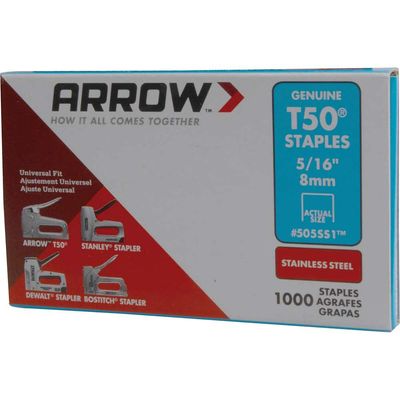 Arrow A505SS1 T50 Staples Stainless Steel 505Ss 8Mm (5/16In) (Box 1000)