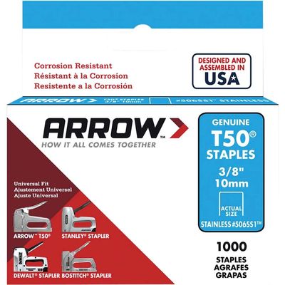 Arrow A506SS1 T50 Staples Stainless Steel 506Ss 10Mm (3/8In) (Box 1000)