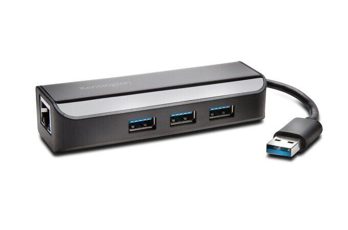 Kensington UA3000E USB 3.0 Ethernet Adapter & 3-Port Hub — Black - Image 1