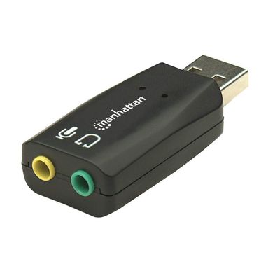 Manhattan USB-A Sound Adapter USB-A to 3.5mm Mic-in and Audio-Out ports 480 Mbps (USB 2.0) supports 3D and virtual 5.1 surround sound Hi-Speed USB Black Three Year Warranty