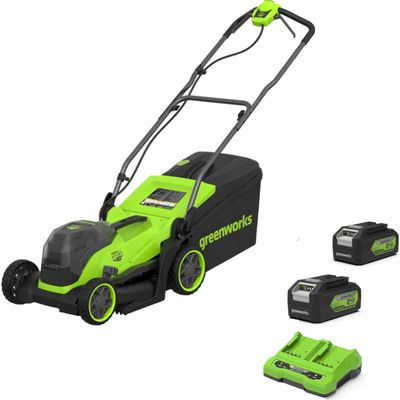 Greenworks MO48L 48v Cordless Brushless Rotary Lawnmower 360mm 2 x 4ah Li-ion Twin Battery Charger