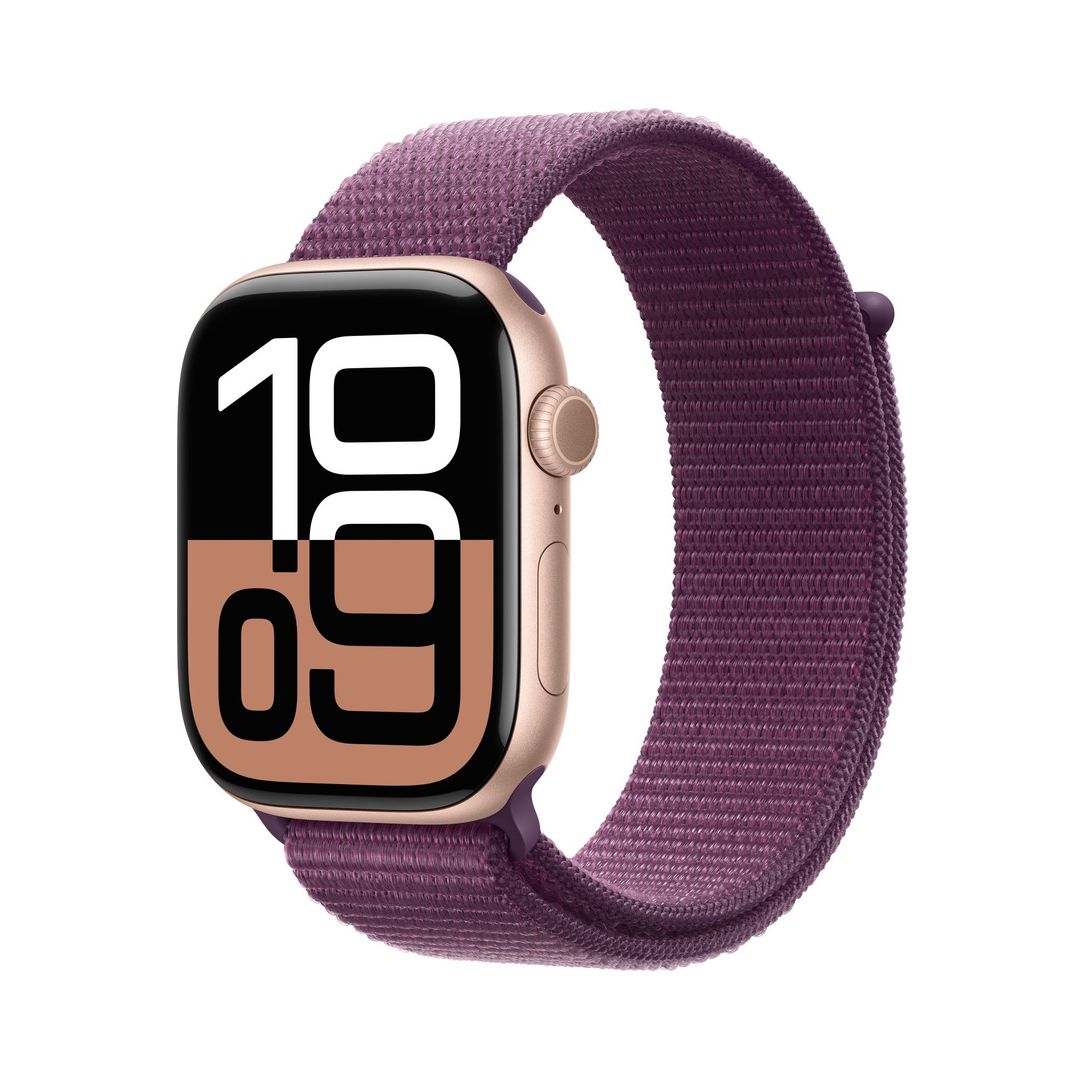 Apple Watch Series 10 GPS + Cellular 46mm Rose Gold Aluminium Case with Plum Sport Loop - Image 1