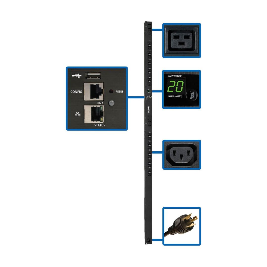 Tripp Lite PDUMV20HVNETLX 3.7kW Single-Phase Switched PDU - LX Interface, 208/230V Outlets (20 C13 & 4 C19), C20/L6-20P, 0U, TAA - Image 1