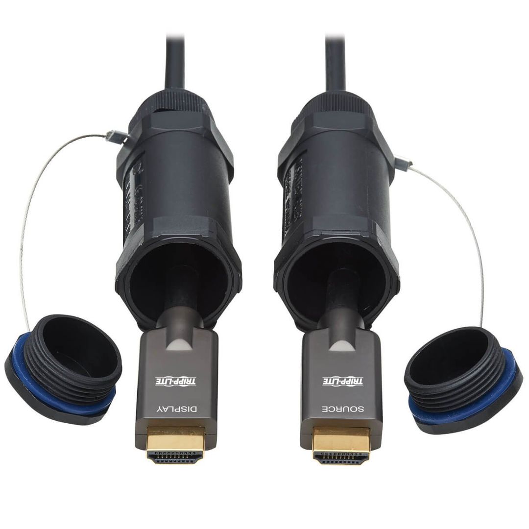 Tripp Lite P568FA-50M-W High-Speed Armored HDMI Fiber Active Optical Cable (AOC) with Hooded Connectors - 4K @ 60 Hz, HDR, IP68, M/M, Black, 50 m (164 ft.) - Image 1