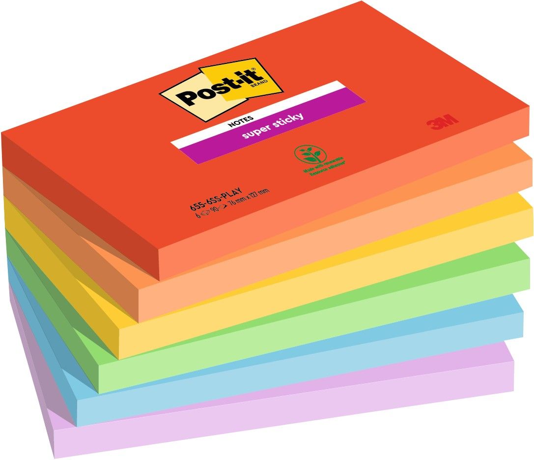 Post-It Super Sticky Notes 90 Sheets 76x127mm Playful Colours Assorted (Pack of 6) 655-6SS-PLAY - Image 1