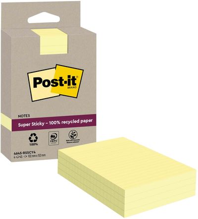Post-it Super Sticky Recycled Notes Lined 102x152mm 45 Sheets Canary Yellow (Pack of 4) 4645-RSSCY4