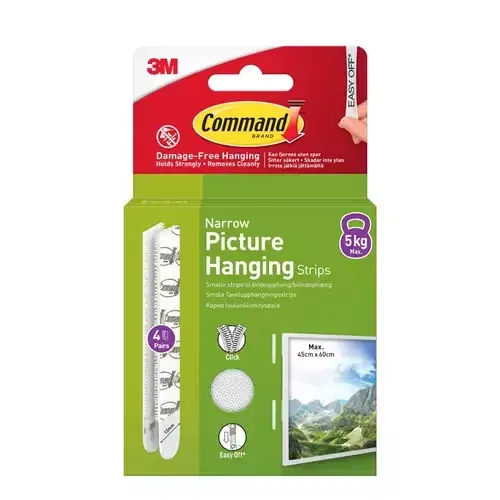 3M Command Narrow Picture Hanging Strips White (Pack 4) 17207 - 7100337191 - Image 1