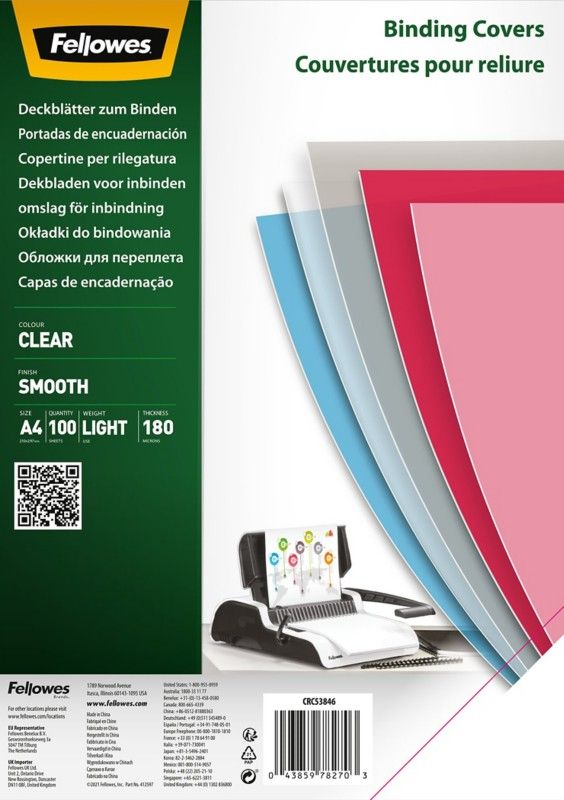Fellowes Clear PET Binding Cover 180 micron A4 (Pack 100) 5384601 - Image 1