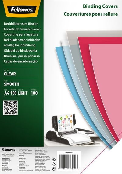 Fellowes Clear PET Binding Cover 180 micron A4 (Pack 100) 5384601