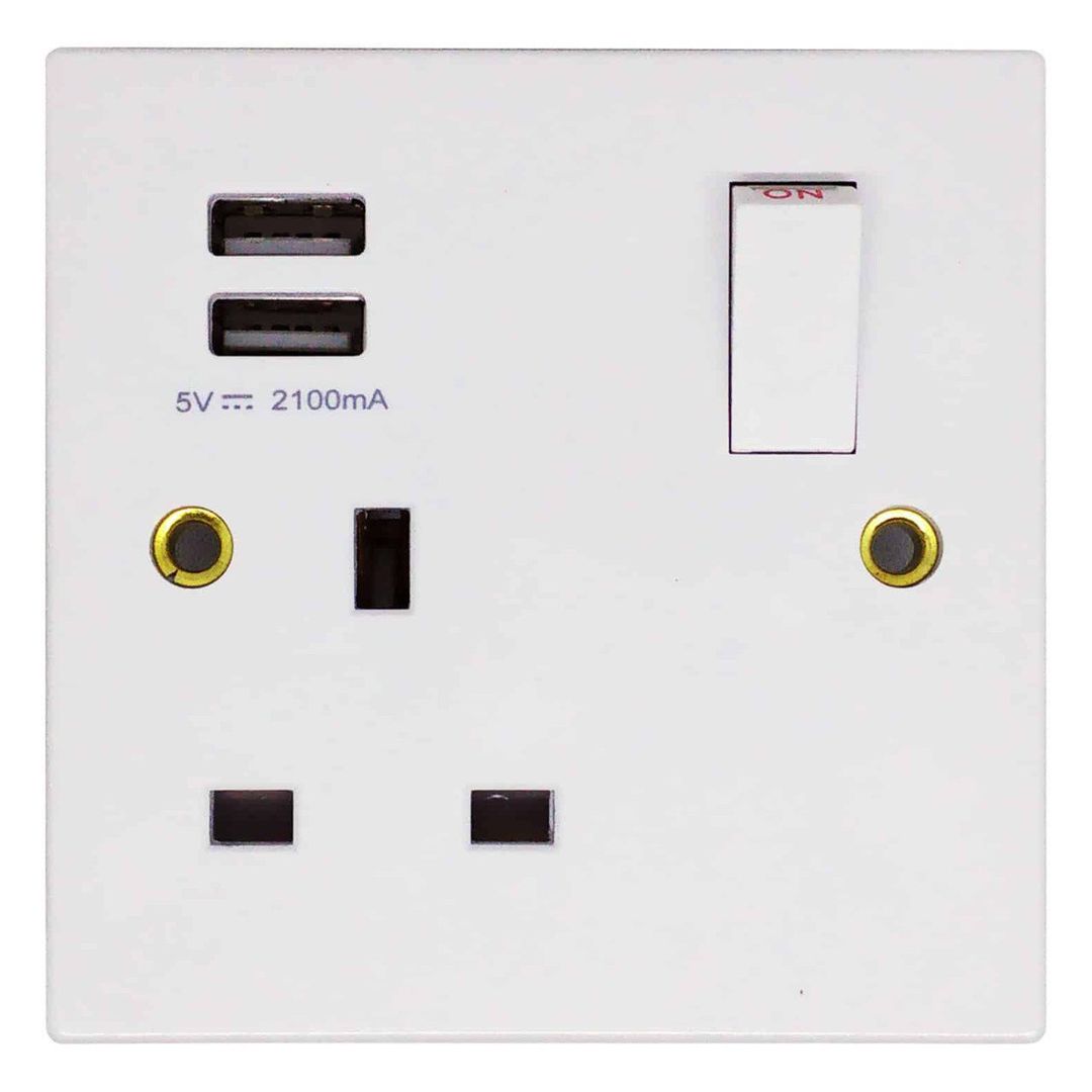 Opus 1-Gang 13 Amp Socket 2x USB White Switched - Image 1