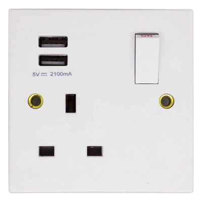 Opus 1-Gang 13 Amp Socket 2x USB White Switched