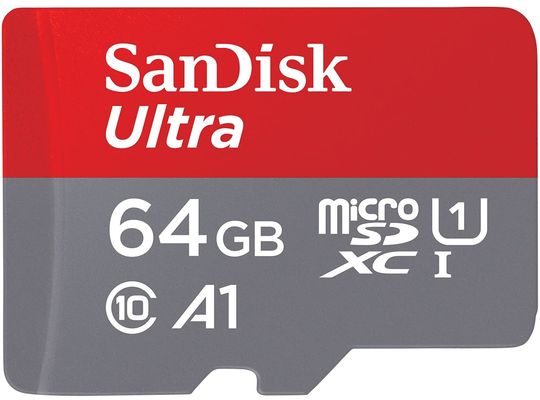 SanDisk Ultra. Capacity: 64 GB Flash card type: MicroSDXC Flash memory class: Class 10 Internal memory type: UHS-I Read speed: 140 MB/s UHS Speed Class: Class 1 (U1). Product colour: Grey Red