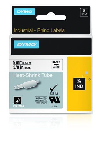 DYMO IND Heat-Shrink Tube Labels - 9mm x 15m - Black on White